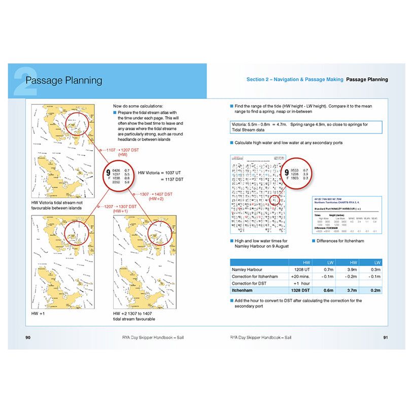 An excerpt from the RYA Day Skipper Handbook (Sail) by the Royal Yachting Association showcases maps, diagrams, numerical data, and instructional text related to passage planning for navigation and sailing skills. The page includes section titles, illustrations of maritime routes, and tables with tidal information for coastal adventures.