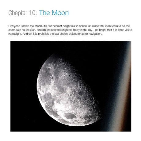 An image of a page titled "Chapter 10: The Moon" from the RYA Astro Navigation Handbook by the Royal Yachting Association, featuring a photograph of the Moon's surface in space, partially illuminated with visible craters. The text describes the Moon as our nearest neighbor in space and second brightest body in the sky, essential for celestial navigation.