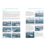 Two pages from "RYA Dinghy Techniques" by the Royal Yachting Association feature text and images showing a person mastering advanced sailing. The visuals demonstrate various dinghy skills and positions on the water, providing an in-depth guide.