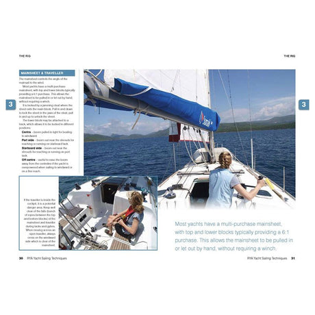 A sailor maneuvers the mainsheet under a sunny sky with the ocean leading to a distant shore. The page includes text from "RYA Yacht Sailing Techniques" by Royal Yachting Association about boat handling and traveler techniques.