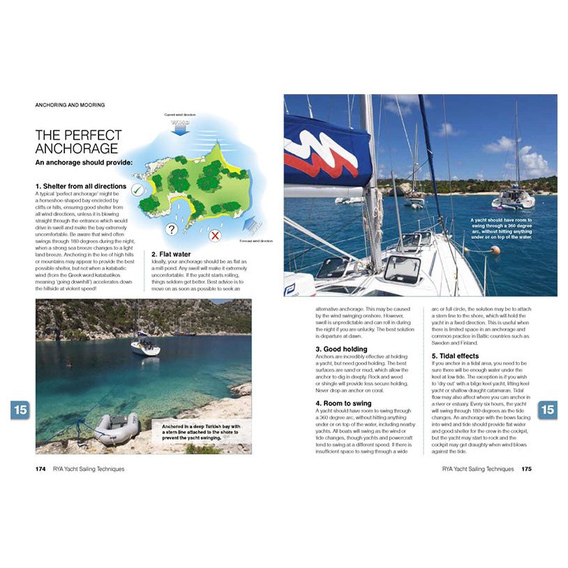 A spread from "RYA Yacht Sailing Techniques" by the Royal Yachting Association offers a guide on selecting ideal anchorages. It features a map, sailboats in calm water near rocky shores, and discusses important factors like shelter, water flatness, and tidal effects for precise navigation.