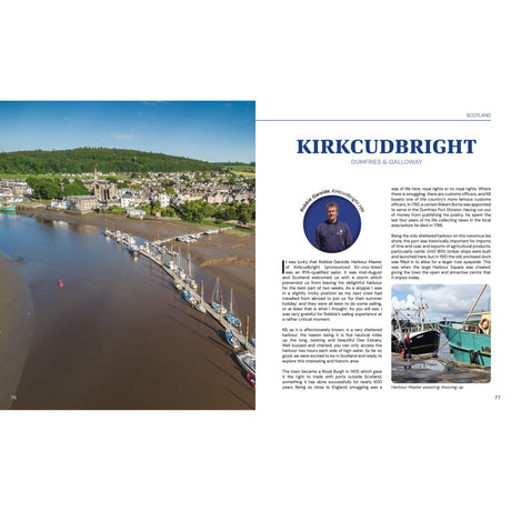 Aerial view of Kirkcudbright harbour and town among green hills. Inset: Harbour Master portrait. Bottom right: fishing boat crew at work. Fernhurst Books' "Harbours And Their Masters" explores Kirkcudbright’s British harbours on the right page.