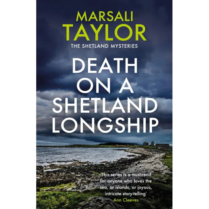 The cover of "Death on a Shetland Longship" by Headline Accent features a dramatic sky over rocky shores, with a path to distant buildings, capturing the mystery of the Shetland Sailing Mysteries. A quote lauds the series' storytelling skill.