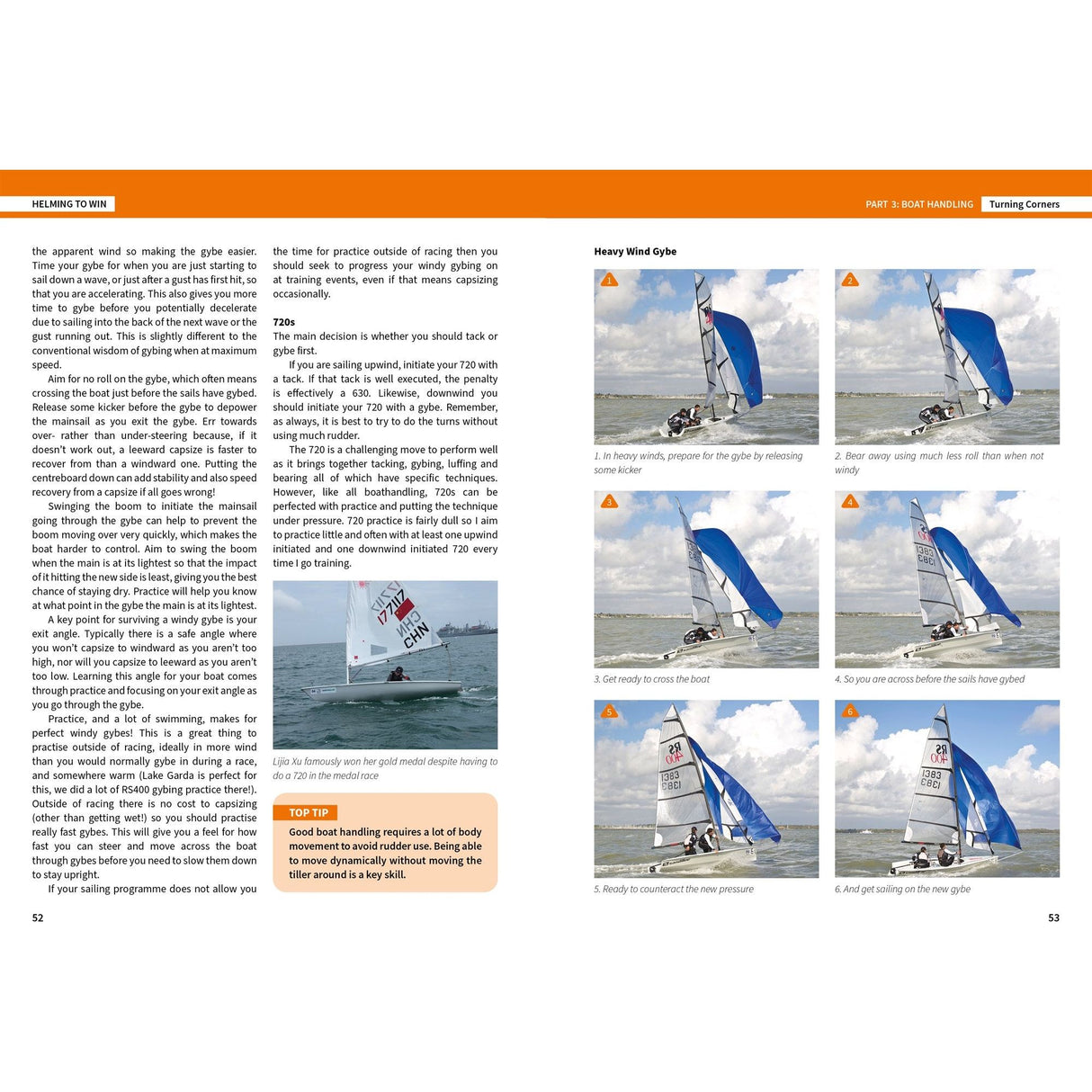 A two-page spread in "Helming to Win" by Fernhurst Books details gybing techniques in heavy wind, with images of a boat and sailor showing five steps, tips, and explanatory text to enhance sailing performance during maneuvers.