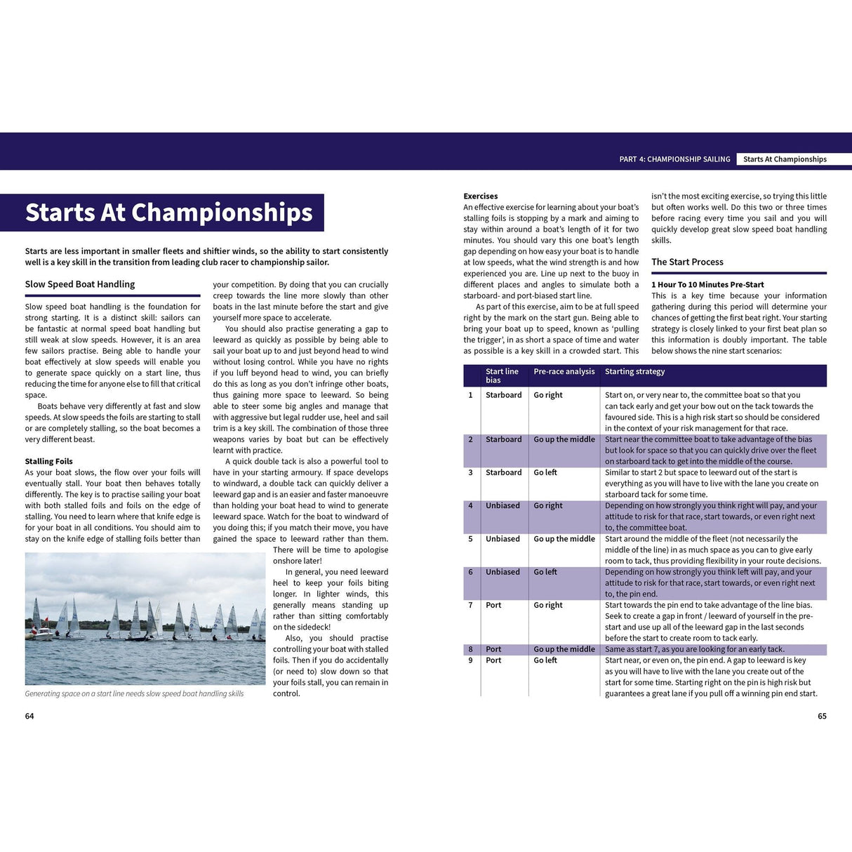 A spread from "Helming to Win" by Fernhurst Books explores boat handling and practice exercises with diagrammed tables, offering invaluable tips to enhance sailing performance and master start techniques for championship sailing.