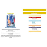 Image showing the cover and contents page of "Helming to Win" by Fernhurst Books. The cover features a photo of sailors on colorful sailboats. Contents include sections on learning to win, sailing tactics, championship strategies, and performance plans.