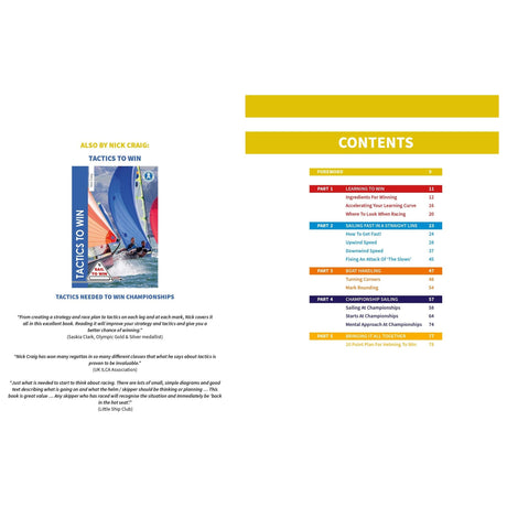 Image showing the cover and contents page of "Helming to Win" by Fernhurst Books. The cover features a photo of sailors on colorful sailboats. Contents include sections on learning to win, sailing tactics, championship strategies, and performance plans.