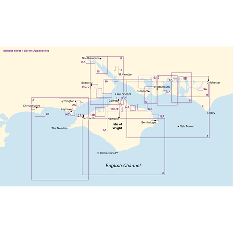 The Imray Chart Pack 2200 | The Solent by Imray is a navigation chart that covers the Solent and its surrounding areas, including the Isle of Wight, Portsmouth, Southampton, and significant maritime landmarks. It details various navigational routes and geographic labels such as Cowes, Lymington, and Nab Tower.