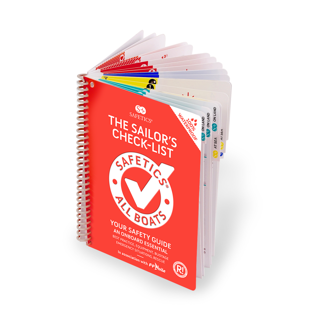 Safetics: The Sailor's Checklist by Safetics is a spiral-bound navigation guide with color-coded tabs for quick access to essential maritime safety tips.