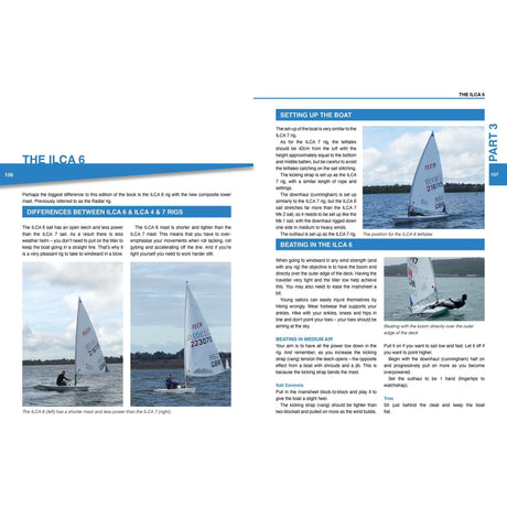 A two-page spread from *The ILCA Book* by Fernhurst Books explores dinghy sailing, highlighting the differences between ILCA 6 and 7 rigs. The left page contains an informative text and a small image of two sailboats, while the right page focuses on boat setup and mastering sailing techniques such as beating, complemented by additional sailboat images.