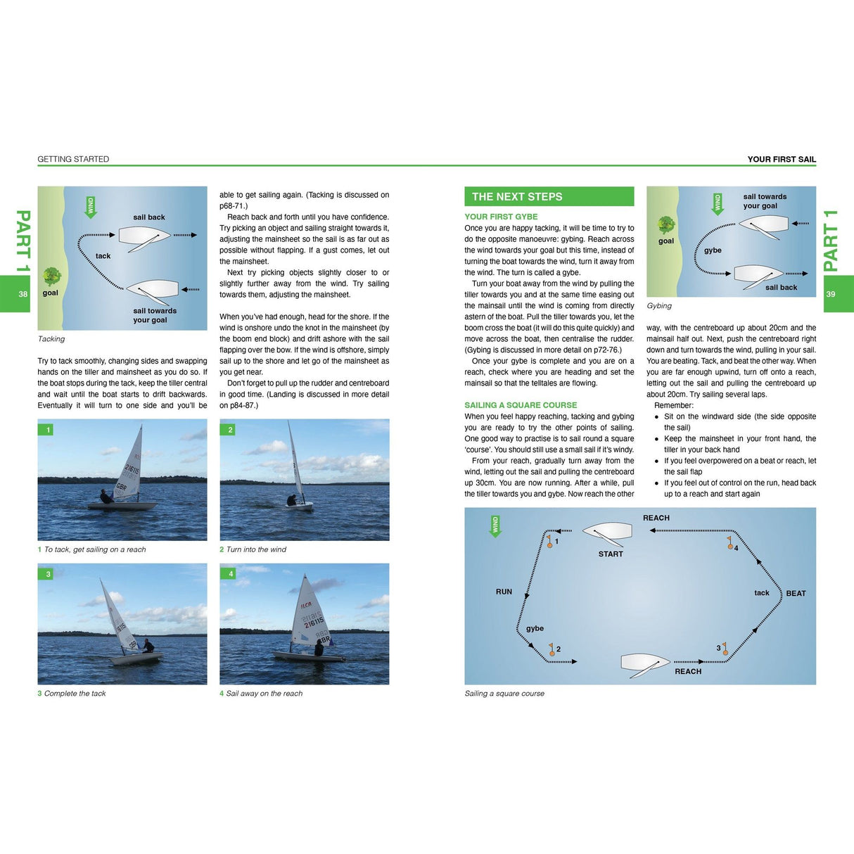 Explore "The ILCA Book" by Fernhurst Books, a comprehensive sailing guide complete with diagrams and images. The book covers everything from setup to tacking, and includes three captivating photos of an ILCA dinghy on the water. Learn essential sailing techniques for navigating a square course and making your way back to the start.