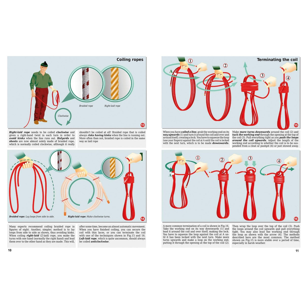 Illustrated Seamanship from Fernhurst Books shows boat handling with rope coiling techniques. Left page covers various rope types like braided and right-laid with diagrams; right page provides seamanship steps for finishing the coil using step-by-step visuals and numbered instructions.