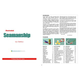 An open book titled "Illustrated Seamanship" by Ivar Dedekam displays the Fernhurst Books logo on one page. The opposite page includes the introduction and a contents list covering skills such as ropework, boat handling, and anchoring essential for mastering seamanship.