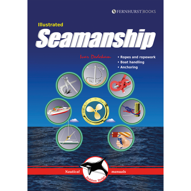 Cover of "Illustrated Seamanship" by Fernhurst Books features nautical images like ropes, knots, a propeller, and an anchor. Topics include boat handling and anchoring. Blue ocean waves are visible at the bottom.