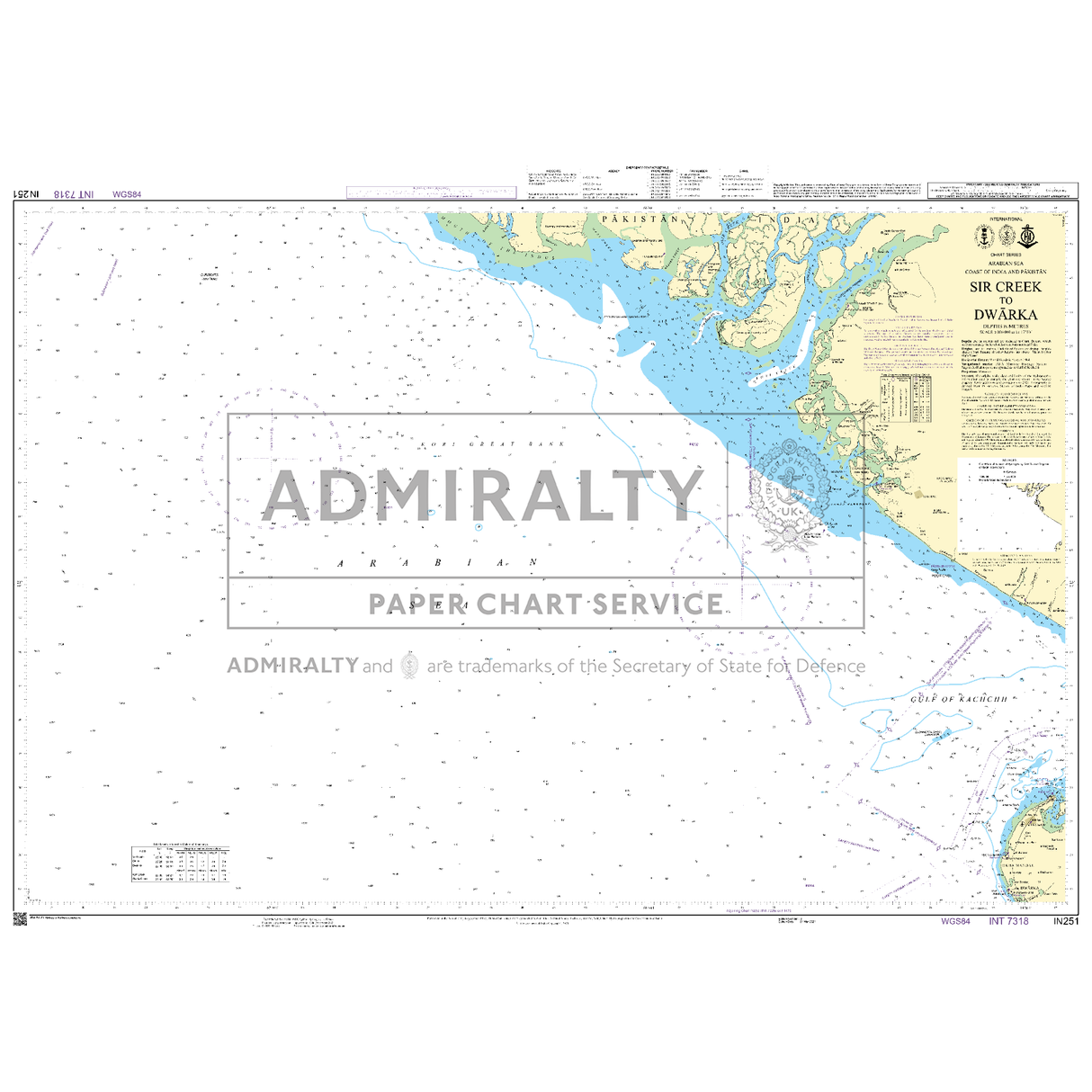 Admiralty Chart IN251: Sir Creek to Dwarka by Admiralty shows the coastline, waterways, and depth contours near northwest India with detailed maritime navigation info and official UK Hydrographic Office labeling.