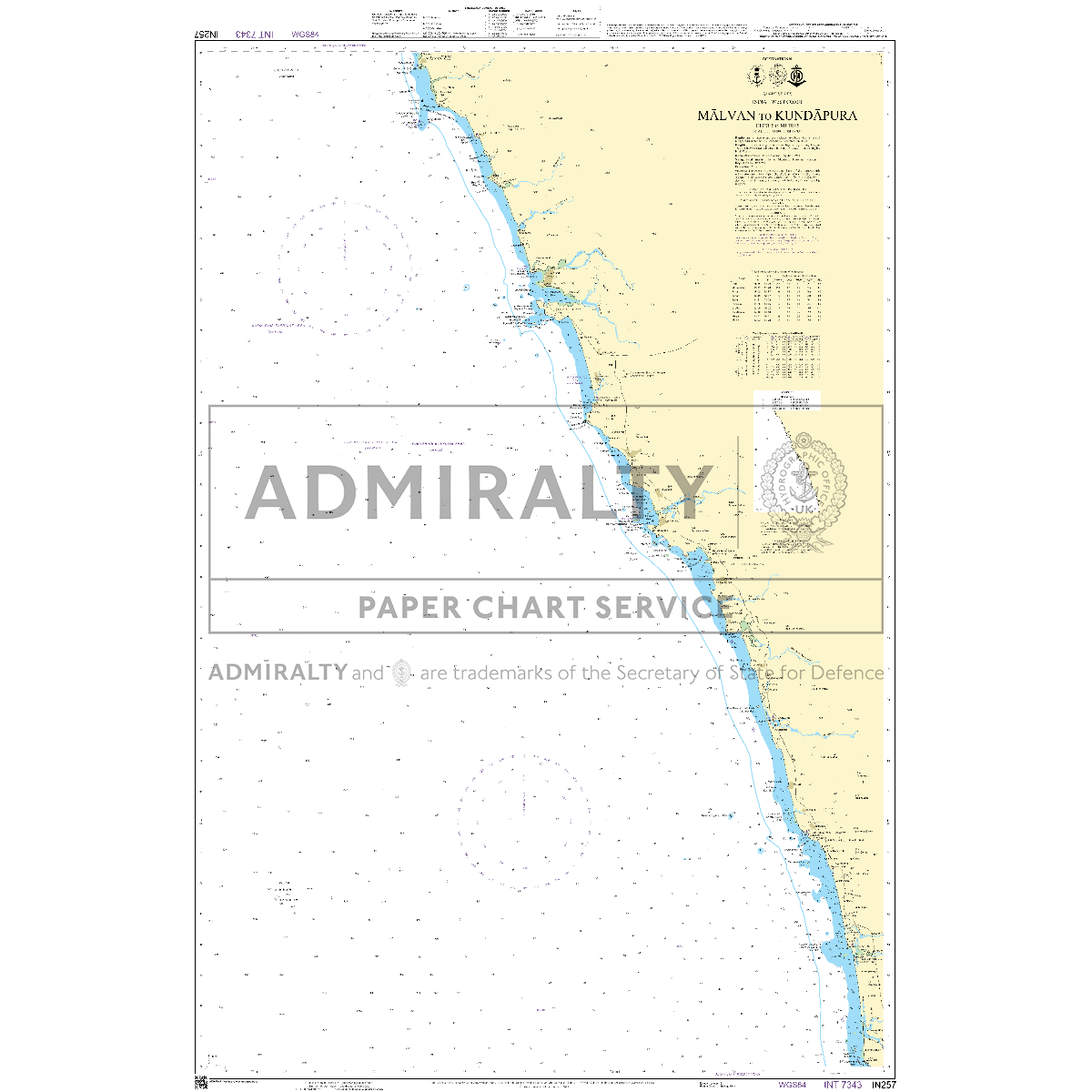 Admiralty Chart IN257: Malvan to Kundapura by Admiralty details India's western coastline with depth markings, coastal features, and navigational aids—an official chart from the United Kingdom Hydrographic Office.