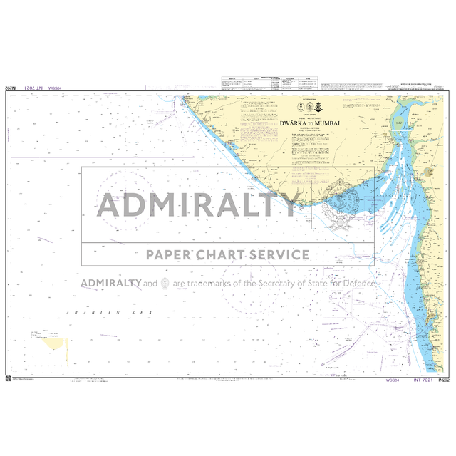 Admiralty Chart IN292: Dwarka to Mumbai by Admiralty provides updated nautical details, including coastal outlines, islands, depths, navigation routes, and maritime info for the northwest coast of India.