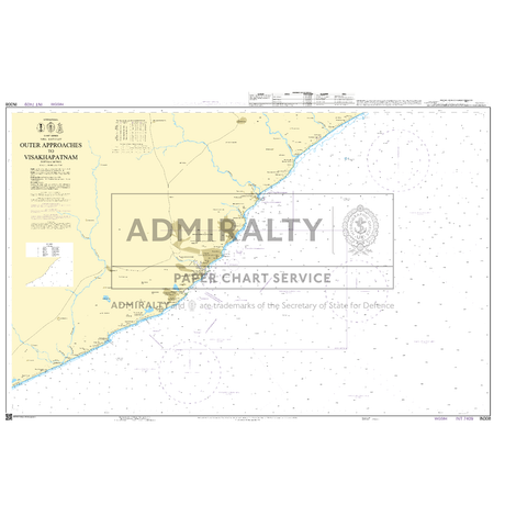 Admiralty Chart IN308: Outer Approaches to Visakhapatnam by Admiralty displays India’s east coast with coastline, depths, navigation symbols, sea routes, a title box, and United Kingdom Hydrographic Office watermark.