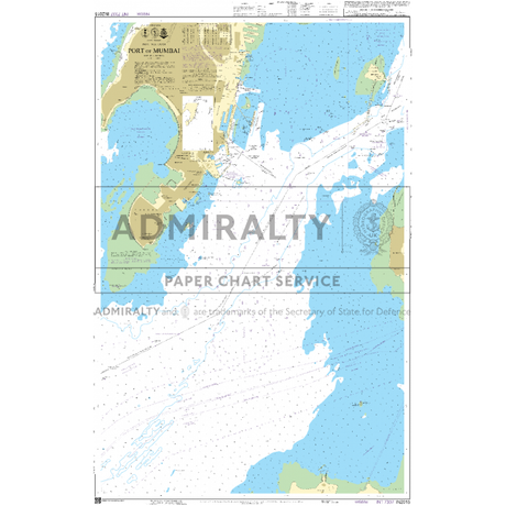 Admiralty Chart IN2015: Port of Mumbai, by Admiralty, displays water depths, coastline, shipping routes, navigation aids, color-coded land/sea areas, and labeled key maritime locations for safe navigation.