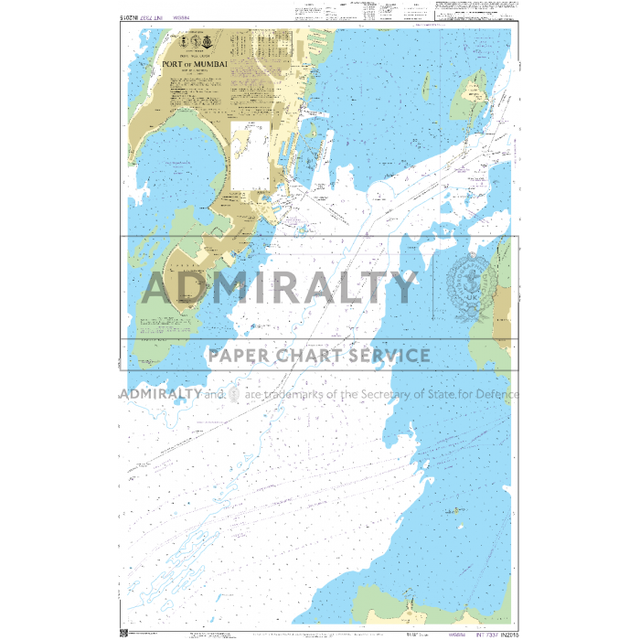 Admiralty Chart IN2015: Port of Mumbai, by Admiralty, displays water depths, coastline, shipping routes, navigation aids, color-coded land/sea areas, and labeled key maritime locations for safe navigation.