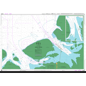 Admiralty Chart IN2033: Sikka Creek by Admiralty offers detailed coverage of water depths, navigation markers, channels, coastline features, an inset map, shaded green land for safe navigation, and clearly marked depths with numbers and symbols.