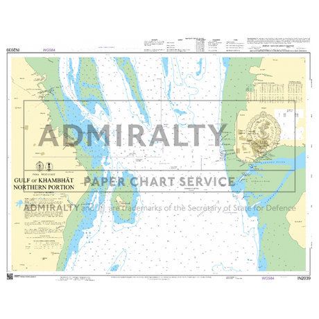 Admiralty Chart IN2039: Gulf of Khambhat Northern Portion by Admiralty provides detailed water depths, navigational markers, and coastal features for safe navigation. Features "PAPER CHART SERVICE" watermark as a standard nautical chart.