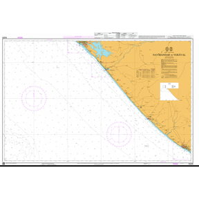 Admiralty Chart IN205: Navibandar to Veraval by Admiralty covers the coastline from Navibandar to Veraval, showing yellow coastal features, white sea areas, navigational markings, depth notations, two compass roses, and detailed notes in the upper right corner.