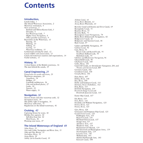 Inland Waterways Of Great Britain by Imray features a table of contents with chapters and sections covering various aspects of canals and waterways in England. It includes topics such as the history of canals, navigation techniques, planning routes for navigators, cruising information, and detailed discussions on specific waterways like the Ashby Canal and the Avon River.