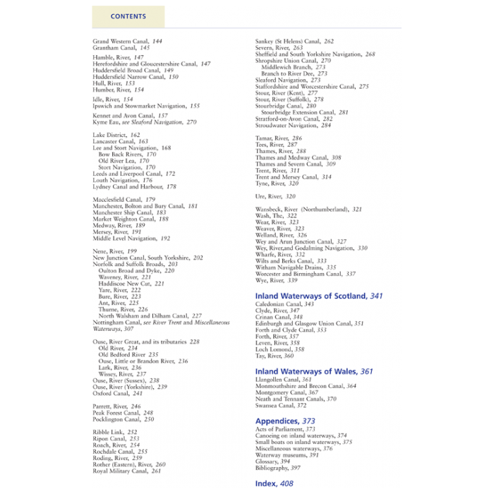 The table of contents from "Inland Waterways Of Great Britain" by Imray lists various canals and waterways, including sections titled "Canals," "Inland Waterways of England," "Inland Waterways of Scotland," "Inland Waterways of Wales," "Appendices," and "Index." Each section is accompanied by corresponding page numbers, making it an invaluable resource for navigators.