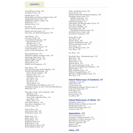 The table of contents from "Inland Waterways Of Great Britain" by Imray lists various canals and waterways, including sections titled "Canals," "Inland Waterways of England," "Inland Waterways of Scotland," "Inland Waterways of Wales," "Appendices," and "Index." Each section is accompanied by corresponding page numbers, making it an invaluable resource for navigators.