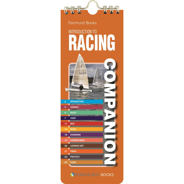 The cover of Fernhurst Books' "Introduction To Racing Companion" showcases sailboats on water with a vibrant chapter index on the left, perfect for enthusiasts aiming to master dinghy and yacht racing tactics.