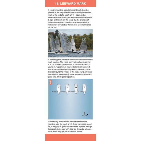 Diagram illustrating the procedure for rounding a leeward mark in yacht racing, featured in the "Introduction To Racing Companion" by Fernhurst Books. The image elucidates boat positioning and turning to secure a competitive edge. The accompanying text explores racing tactics, emphasizing strategies for boat placement and precise turn timing around the mark.