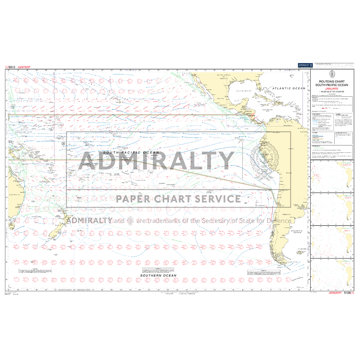 The Admiralty Routeing Chart 5128(1): South Pacific Ocean - January illustrates ocean currents, wind patterns, and shipping routes near Australia, South America, and nearby islands for navigation.