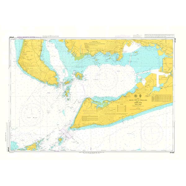 Admiralty Chart JP1052: Mikawa Wan and Approaches by Admiralty displays coastlines, depth markings, safe navigation routes, and coastal details in yellow, blue, and white for safe passage near Mikawa Wan.