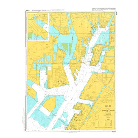 Admiralty Chart JP1055A: Northern Part of Nagoya Ko by Admiralty displays waterways, docks, land in yellow and blue, detailed labels, and an inset map in the upper left corner for safe navigation and thorough area coverage.