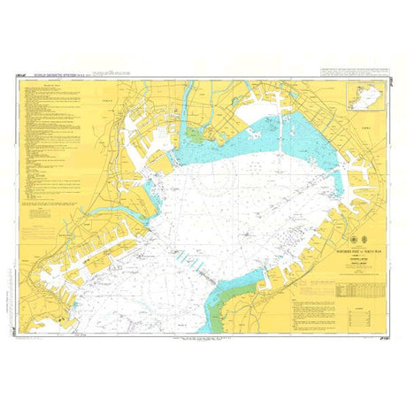 Admiralty Chart JP1061: Northern Part of Tokyo Wan by Admiralty provides detailed water depths, shipping channels, docks, and coastline symbols for safe navigation in Tokyo Bay. Land areas are shown in yellow for clarity.