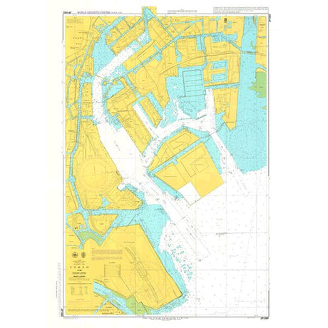 Admiralty Chart JP1065: Tokyo by Admiralty is a nautical chart featuring detailed waterways, docks, and land areas of Tokyo harbor with labels, depth markings, grid lines, yellow land and blue water for safe navigation.