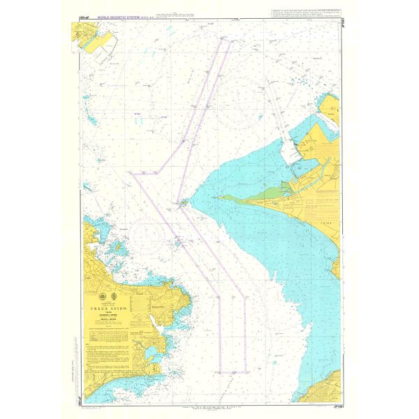 Admiralty Chart JP1081: Uraga Suido by Admiralty displays the Uraga Suido approaches, detailed water depths, navigation routes, yellow land areas, and port infrastructure along the coastline per SOLAS regulations.