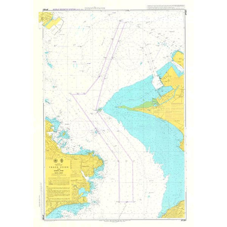Admiralty Chart JP1081: Uraga Suido by Admiralty displays the Uraga Suido approaches, detailed water depths, navigation routes, yellow land areas, and port infrastructure along the coastline per SOLAS regulations.