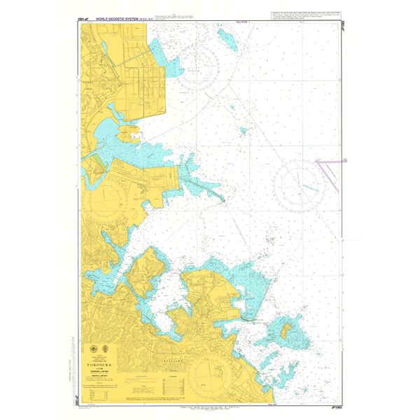 Admiralty Chart JP1083: Yokosuka by Admiralty offers detailed nautical coverage near Yokohama, Japan, with coastal areas in yellow, water depths in blue, navigation markers, labeled coordinates, and grids to support safe navigation.