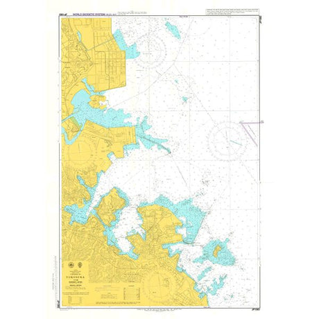Admiralty Chart JP1083: Yokosuka by Admiralty offers detailed nautical coverage near Yokohama, Japan, with coastal areas in yellow, water depths in blue, navigation markers, labeled coordinates, and grids to support safe navigation.