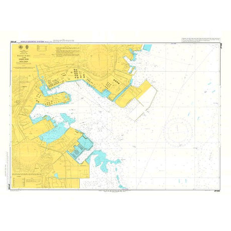 Admiralty Chart JP1085: Keihin Ko, Negishi by Admiralty aids safe navigation with yellow for land, white and blue for water, and navigation markings. It details harbors, docks, and aids as per SOLAS regulations.