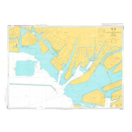 Admiralty Chart JP1107: Amagasaki-Nishinomiya-Ashiya displays waterways, docks, and land areas with navigational features, depths, and details to support safe navigation in compliance with SOLAS regulations. Brand: Admiralty.