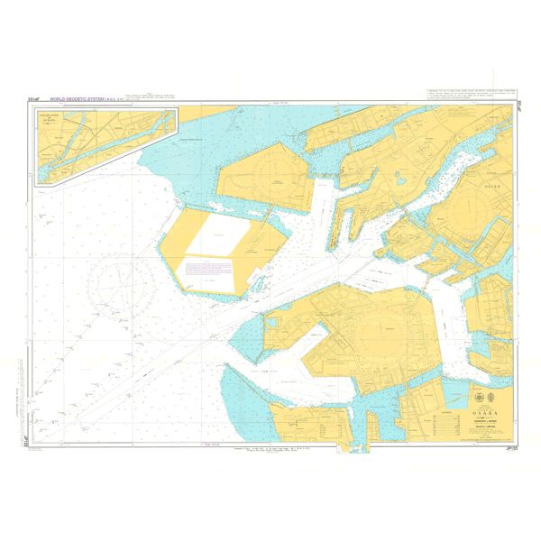 Admiralty Chart JP123: Osaka provides detailed coverage of Osaka’s waterways, docks, and navigation markers for safe sailing, with yellow-shaded land, blue water, and an inset map—reflecting Admiralty chart quality.