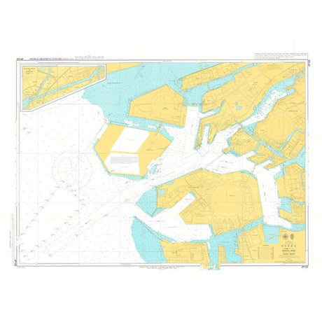 Admiralty Chart JP123: Osaka provides detailed coverage of Osaka’s waterways, docks, and navigation markers for safe sailing, with yellow-shaded land, blue water, and an inset map—reflecting Admiralty chart quality.
