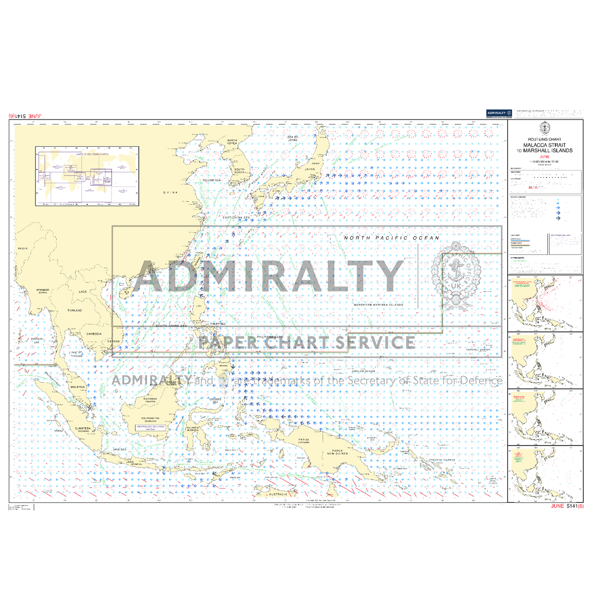 Admiralty Routeing Chart 5141(6): Malacca Strait to Marshall Islands - June displays the North Pacific, including the Mariana Islands, with navigation markers, depth contours, major shipping routes, insets, scale bars, and Admiralty branding.