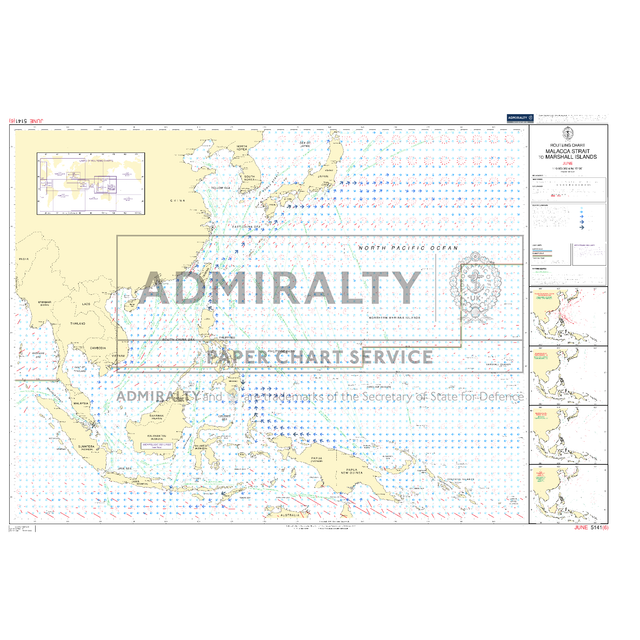 Admiralty Routeing Chart 5141(6): Malacca Strait to Marshall Islands - June displays the North Pacific, including the Mariana Islands, with navigation markers, depth contours, major shipping routes, insets, scale bars, and Admiralty branding.