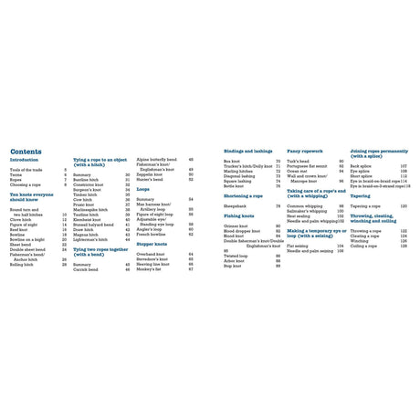 An image of the "Knot Know-How" table of contents shows sections on knot tying techniques like tying a rope to an object, loops, stopper knots, bindings and lashings, shortening a rope, fishing knots, fancy ropework, splicing techniques, and permanently joining ropes. Published by Fernhurst Books.