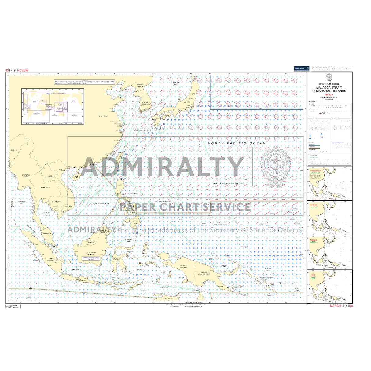 Admiralty Routeing Chart 5141(3): Malacca Strait to Marshall Islands (March) by Admiralty, shows the North Pacific including the Mariana Islands with depth markings, navigation symbols, shipping routes, insets, labels, coordinates, and a key.