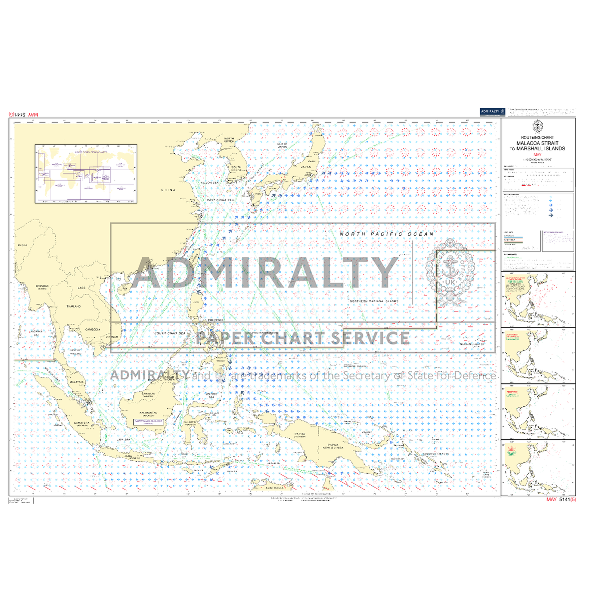Admiralty Routeing Chart 5141(5): Malacca Strait to Marshall Islands - May by Admiralty shows shipping routes, depths, and coastal outlines from East Asia to the Pacific, with inset maps and navigation diagrams on the right.